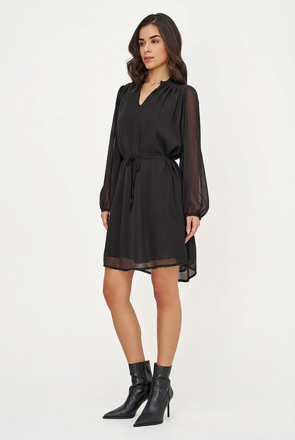 Women's Woven V-Neck Dress, Long Sleeves & Removable String Belt