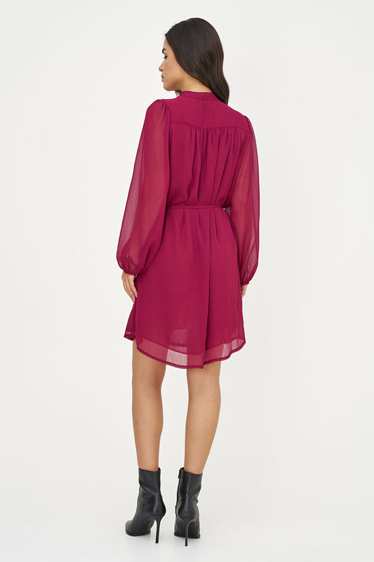 Women's Woven V-Neck Dress, Long Sleeves & Removable String Belt
