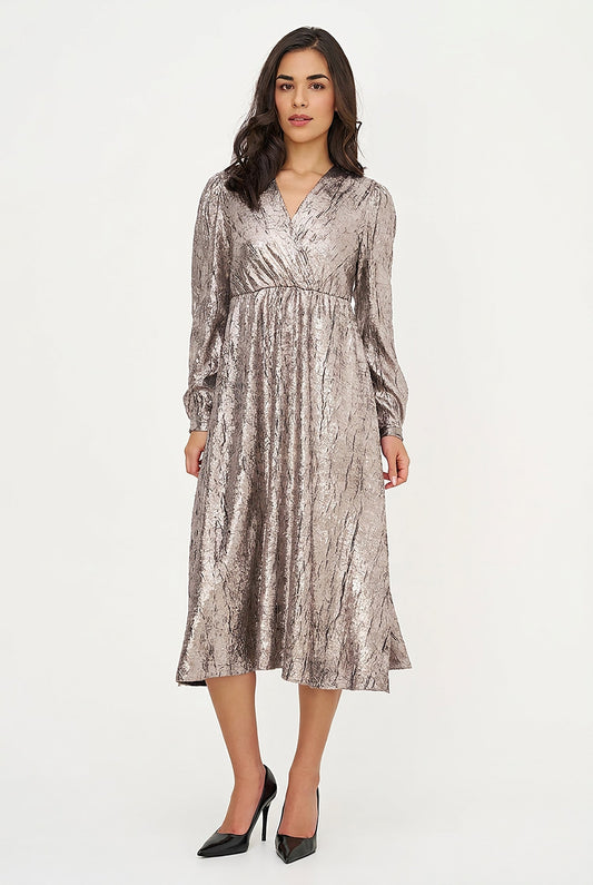 Women's Woven Fixed Crossover V-Neck Dress with Long Sleeves