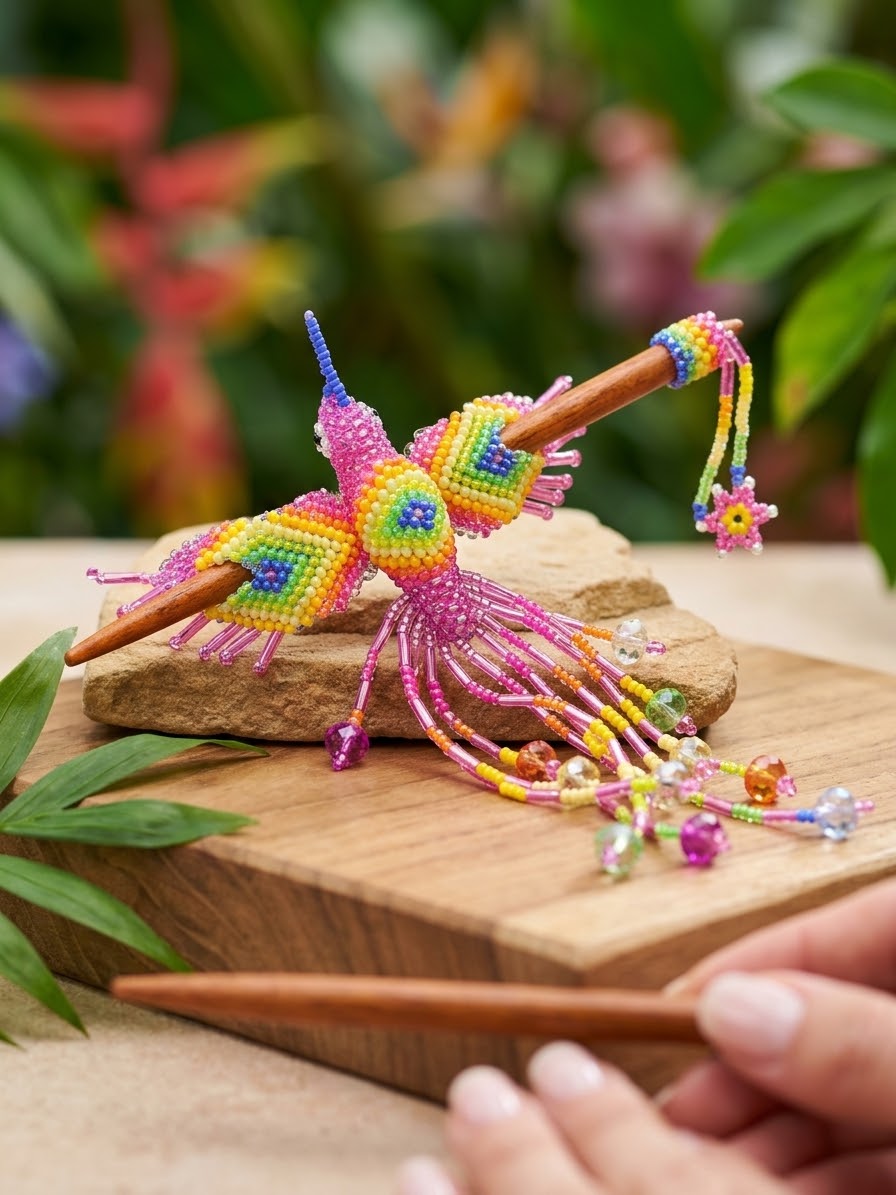 Pink Hummingbird Beaded Hair Stick