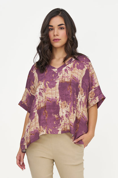 Women's Woven Printed Oversized V-Neck Tunic, with Elbow Length Sleeves