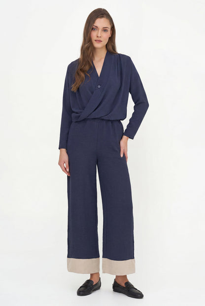 Women's Woven V-Neck Tunic, with Long Sleeves, a Twisted Front Hemline & a Longer Scooped Pleated Back