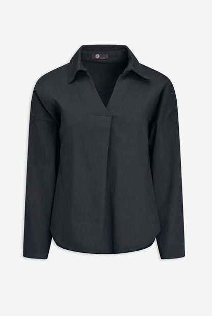 Women's Woven Long Sleeve Tunic, with a V-Neck Front & Shirt Collar. As Well As a High-Low Scooped Hemline
