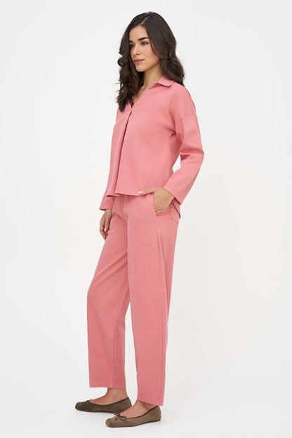 Women's Woven Long Sleeve Tunic, with a V-Neck Front & Shirt Collar. As Well As a High-Low Scooped Hemline