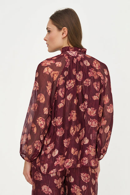 Women's Printed Tie V-Neck Tunic, Ruffled Stand Collar & Long Sleeves