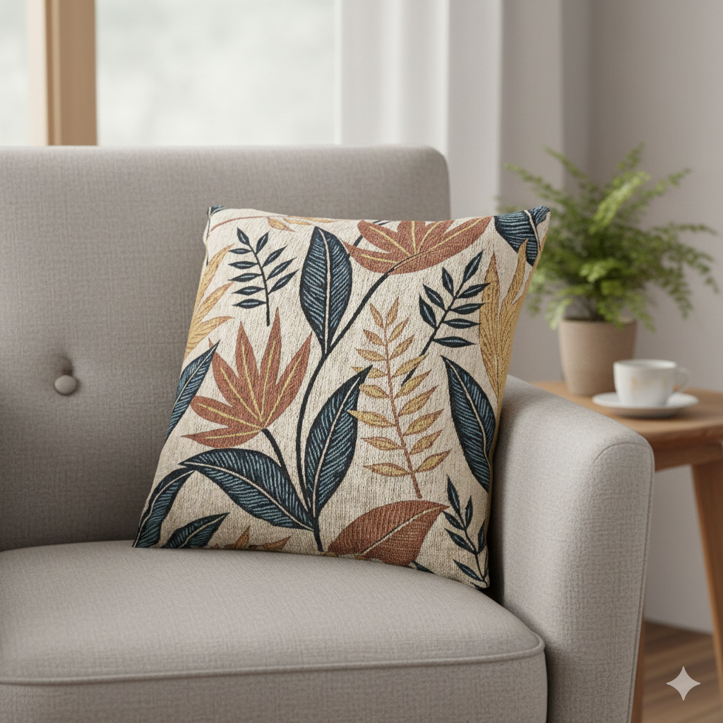 Tropical Leaf Pattern Woven Pillow | Botanical Throw Pillow, Neutral Blue Rust Design - AURABAGS SHOP