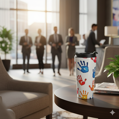 Colorful Handprint Stainless Steel Travel Mug — Kids Art Pattern, Spill‑Resistant Coffee Tumbler - AURABAGS SHOP