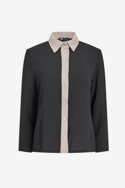 Women's Woven Color-Blocked Button-Down Long Sleeve Shirt, with a Pleated Back Detailing