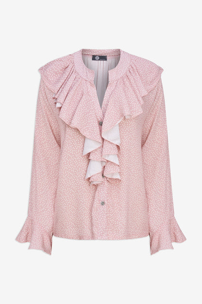 Women's Printed Button-Down Shirt with Ruffled Front, Collar & Cuffs