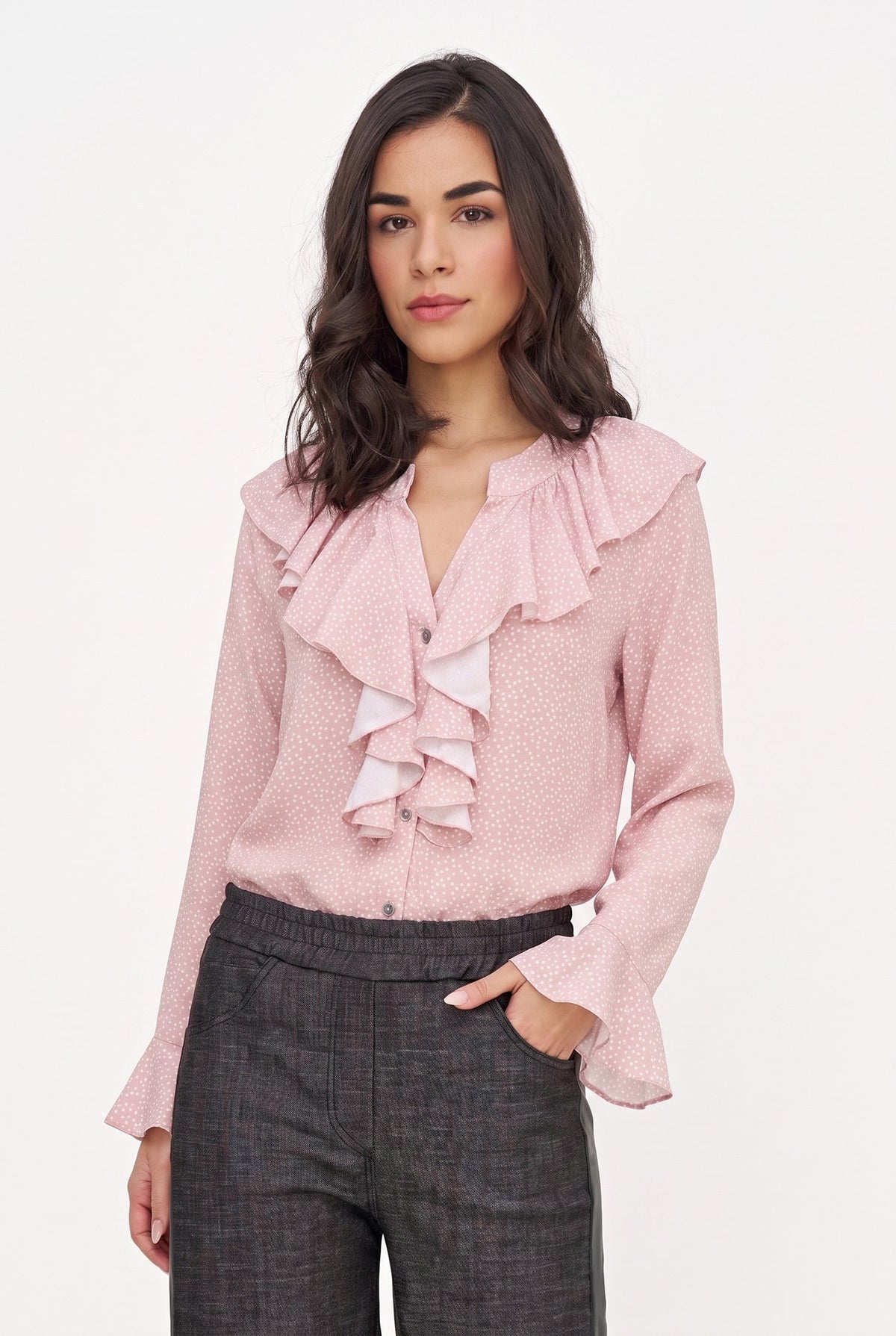 Women's Printed Button-Down Shirt with Ruffled Front, Collar & Cuffs