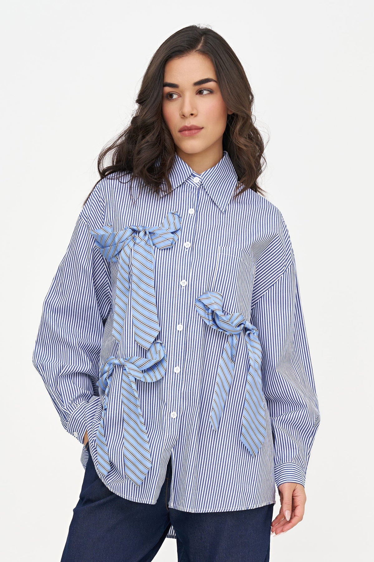 Women's Woven Oversized Striped Button-Down Shirt, with Long Sleeves & Applied Bow Detailing