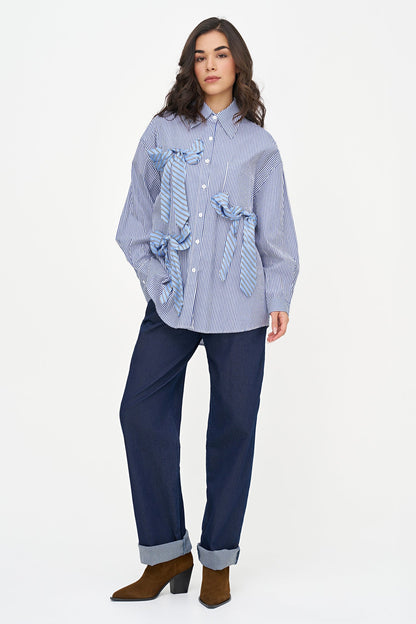 Women's Woven Oversized Striped Button-Down Shirt, with Long Sleeves & Applied Bow Detailing