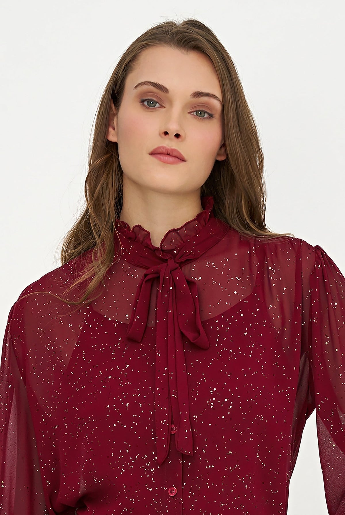 Women's Foil-Print Button-Down Shirt, Tie-Bow Collar & Removable Cami