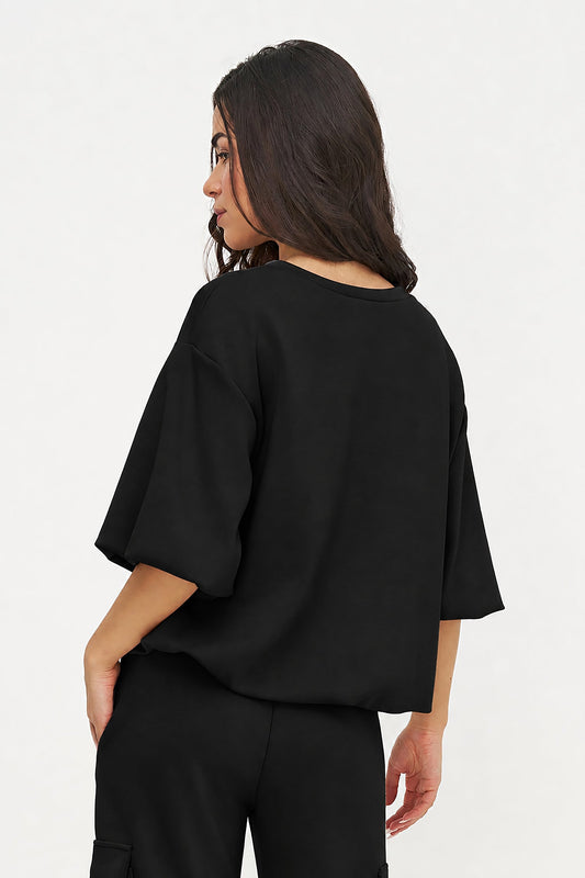 Women's Crew-Neck Sweatshirt, Elbow-Length Bubble Sleeves & Bubble Hem