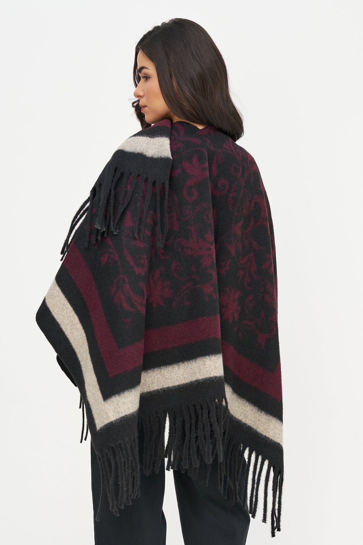 Women's Woven Printed Poncho with Fringe Detailing At The Hemline