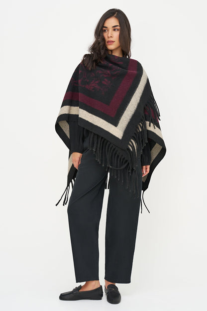 Women's Woven Printed Poncho with Fringe Detailing At The Hemline