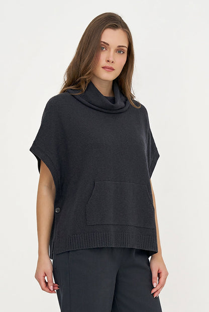 Women's Cowl Turtleneck Poncho with Side Buttons & Kangaroo Pocket