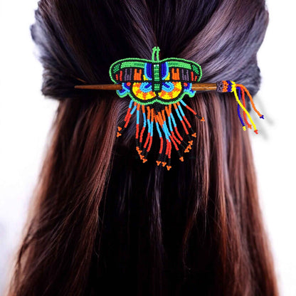 Red and Green Wooden Stick Butterfly Beaded Barrette with Fringes