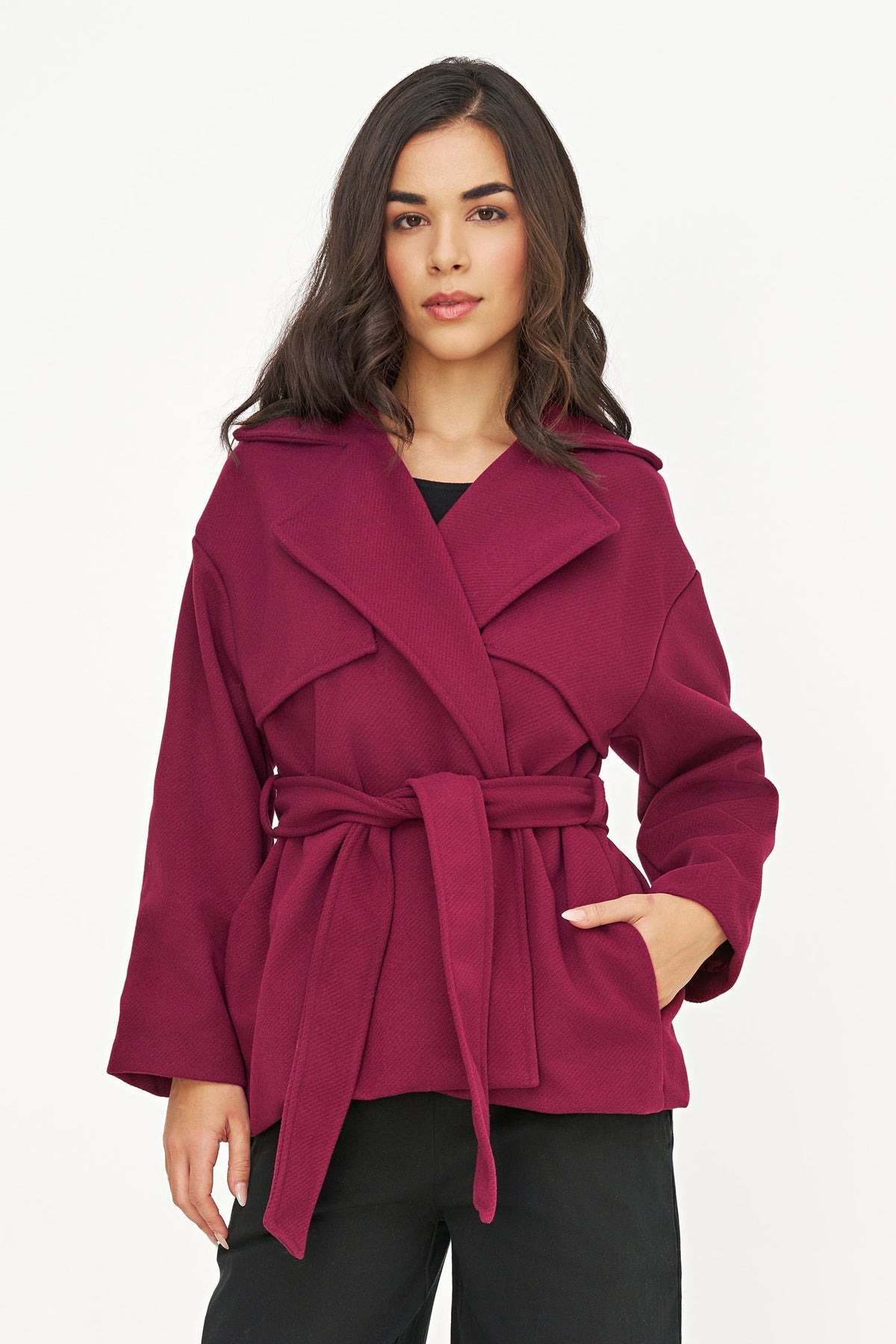 Women's Double-Breasted Coat, Lapel Collar, Flaps & Removable Belt