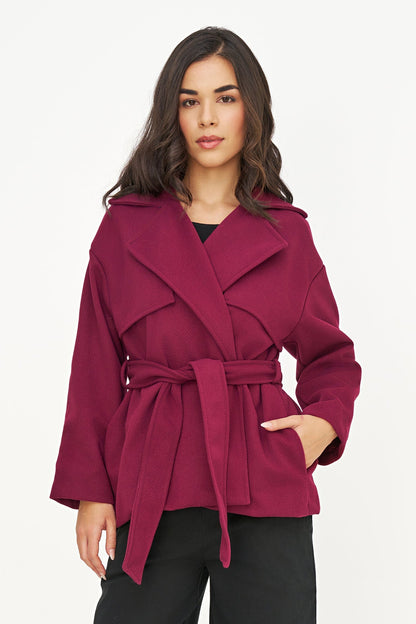 Women's Double-Breasted Coat, Lapel Collar, Flaps & Removable Belt