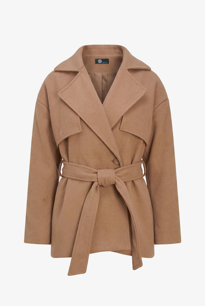 Women's Double-Breasted Coat, Lapel Collar, Flaps & Removable Belt