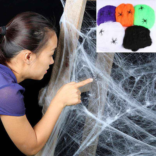 Halloween Stretchable Spider Web Decoration – Cotton Web with Mini Spiders for Indoor & Outdoor Use