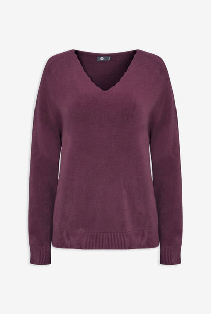 Women's Knit Scalloped V-Neck Tunic-Length Sweater, with Long Sleeves