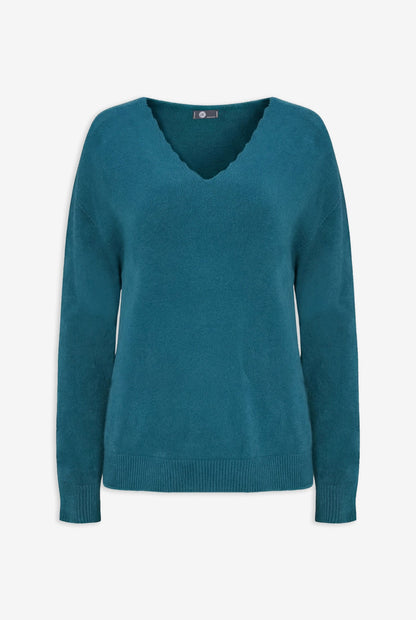 Women's Knit Scalloped V-Neck Tunic-Length Sweater, with Long Sleeves