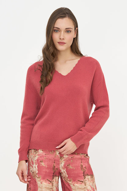 Women's Knit Scalloped V-Neck Tunic-Length Sweater, with Long Sleeves