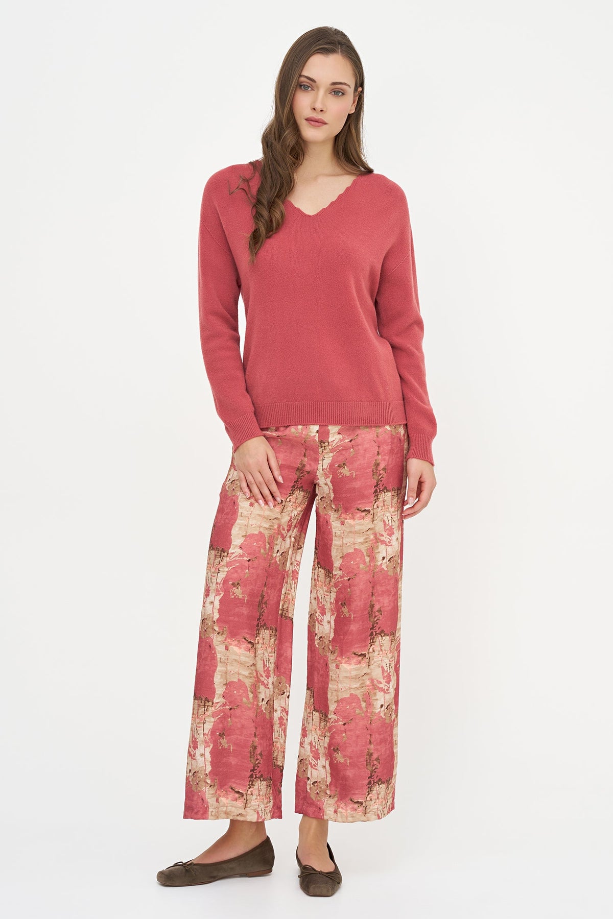 Women's Knit Scalloped V-Neck Tunic-Length Sweater, with Long Sleeves