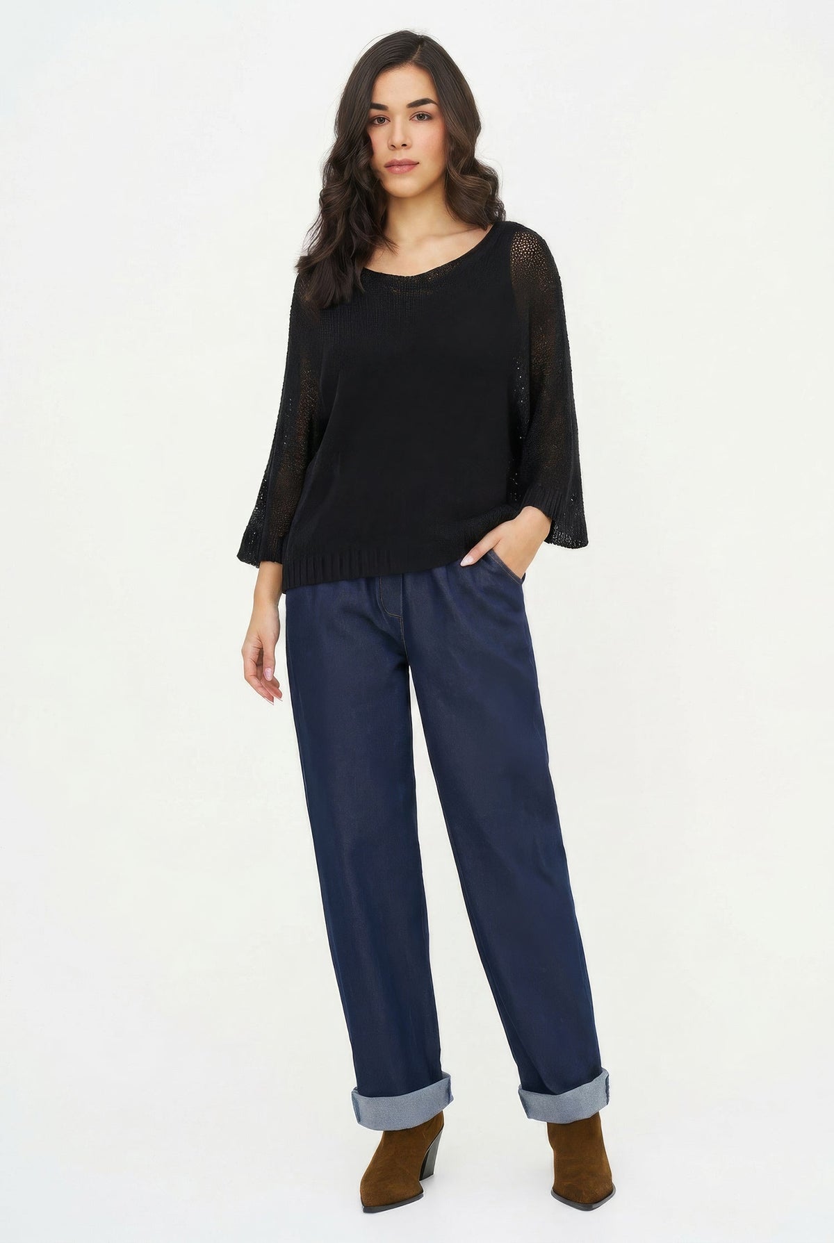 Women's Knit V-Neck Oversized Sweater with 3/4th Length Sleeves