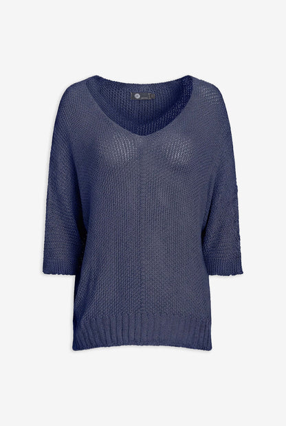 Women's Knit V-Neck Oversized Sweater with 3/4th Length Sleeves