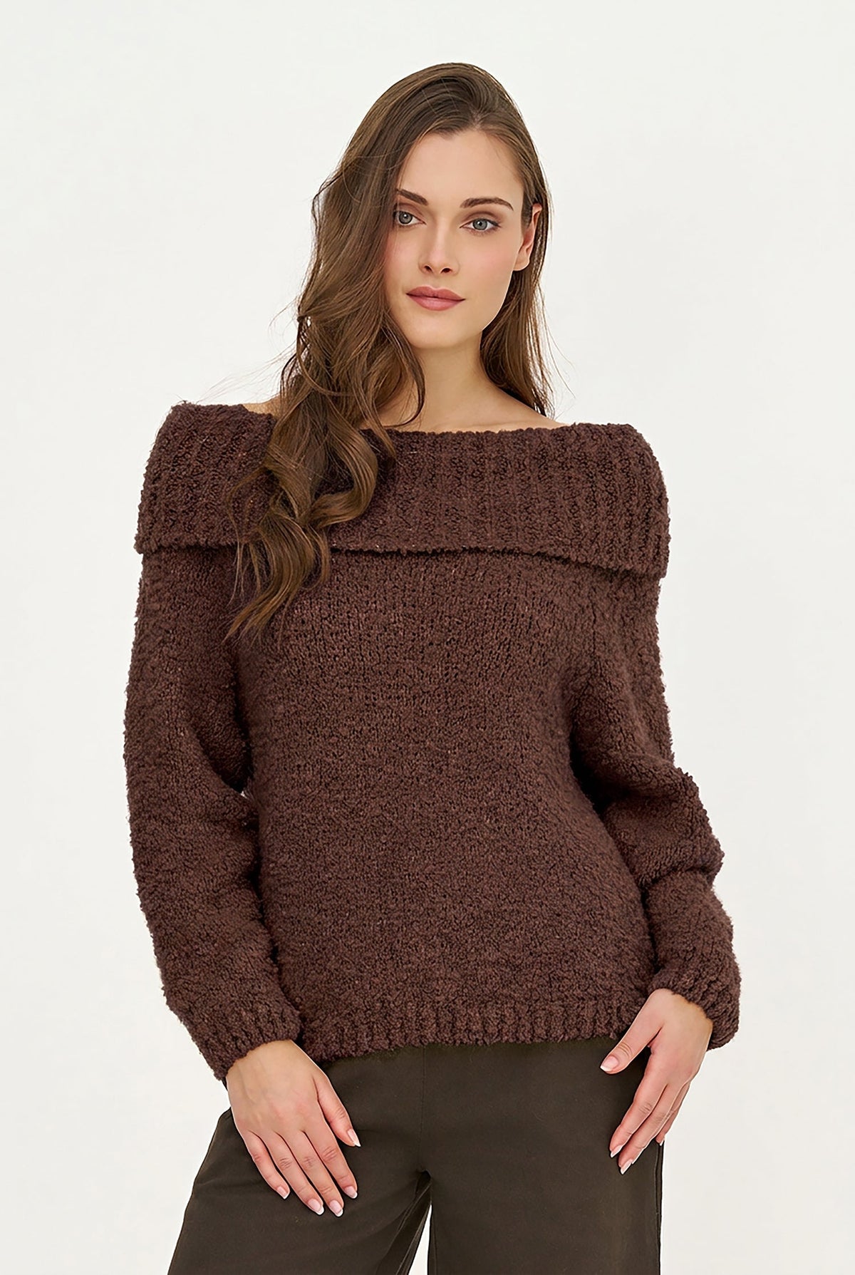 Women's Knit Off-Shoulder Sweater, Foldover Neckline & Long Sleeves