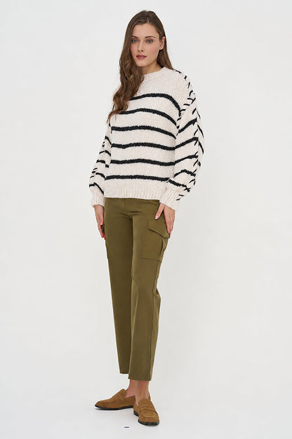 Women's Knit Crew-Neck Sweater, Long Sleeves & Color-Block Stripes