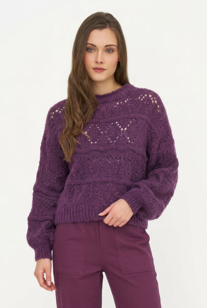 Women's Open-Crochet Knit Crew-Neck Sweater, with Long Sleeves