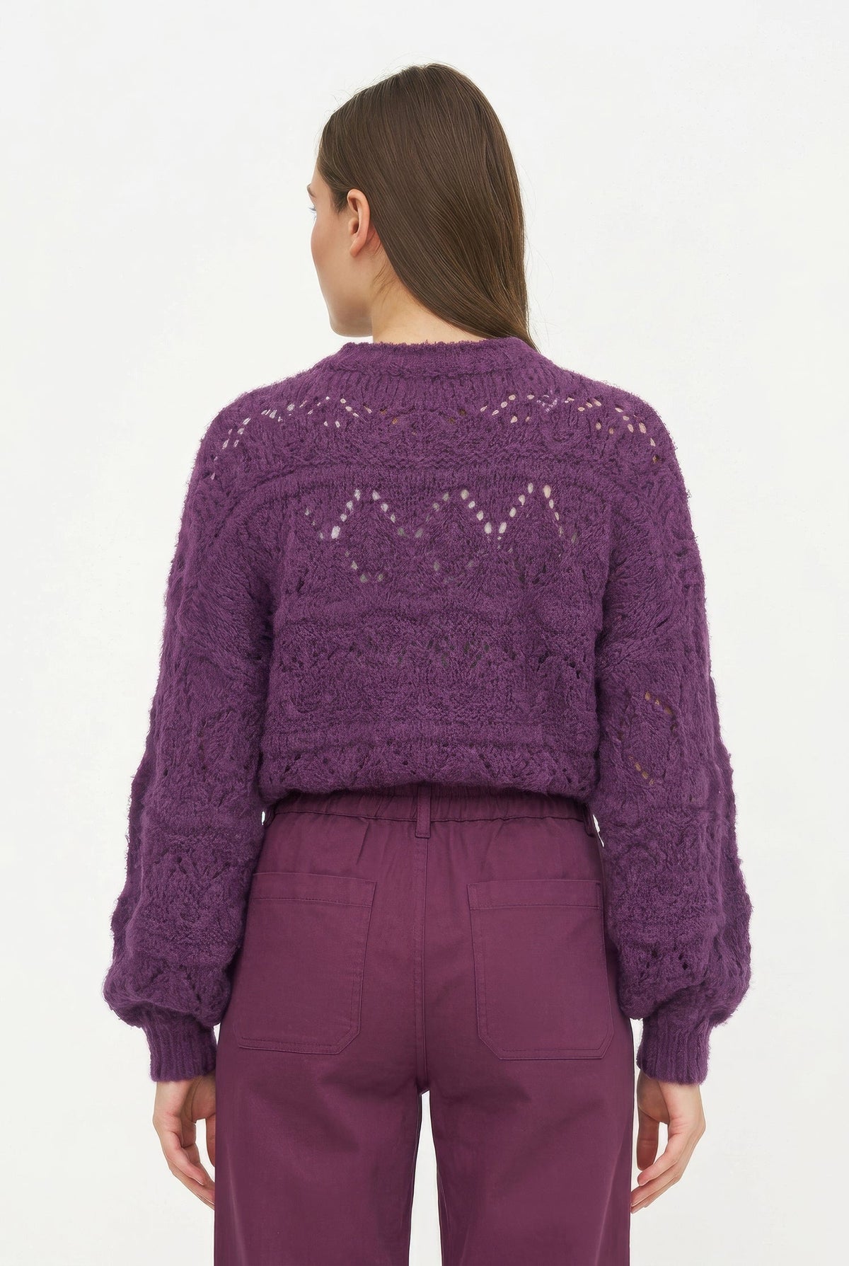 Women's Open-Crochet Knit Crew-Neck Sweater, with Long Sleeves
