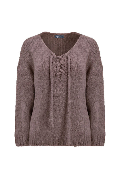 Women's Knit V-Neck Sweater, Long Sleeves & Cord Tie at Collar