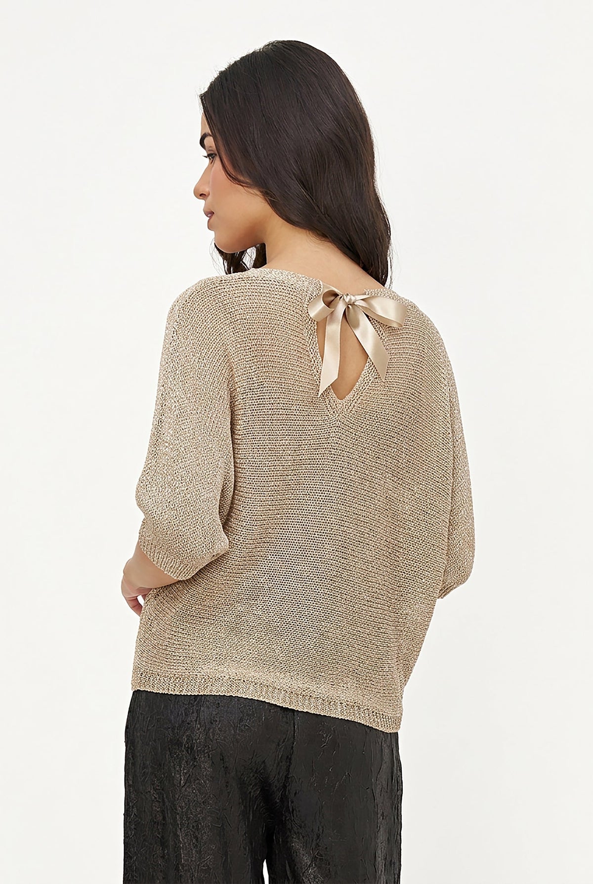 Women's Lurex Knit Boat-Neck Sweater, 3/4 Sleeves & Satin Back Bow