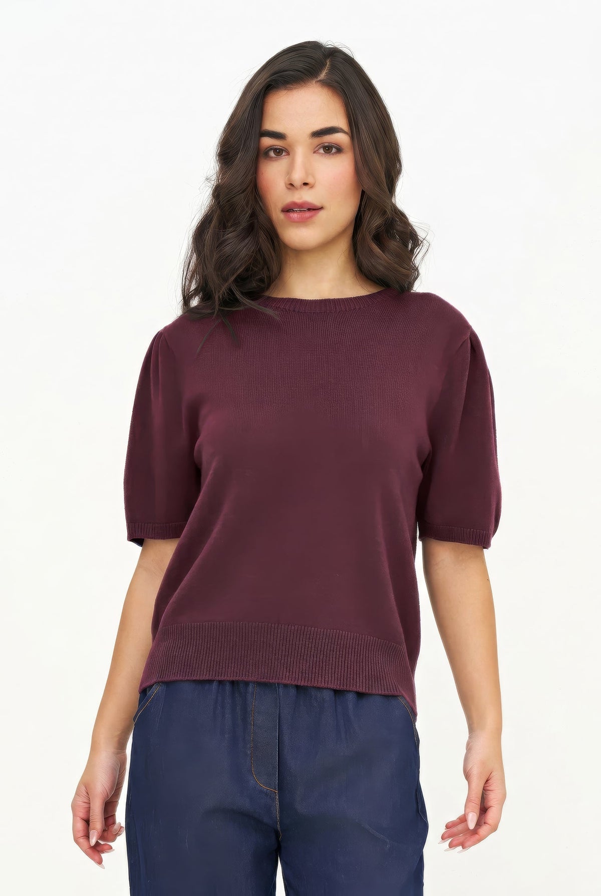 Women's Knit Wide Crew-Neck Sweater, with Elbow Length Sleeves with a Gathered Shoulder Detailing