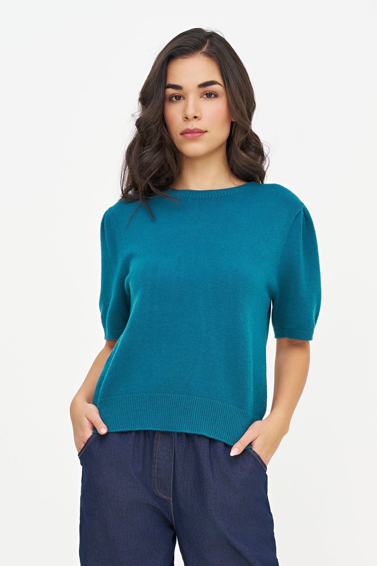 Women's Knit Wide Crew-Neck Sweater, with Elbow Length Sleeves with a Gathered Shoulder Detailing