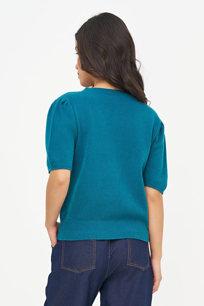 Women's Knit Wide Crew-Neck Sweater, with Elbow Length Sleeves with a Gathered Shoulder Detailing