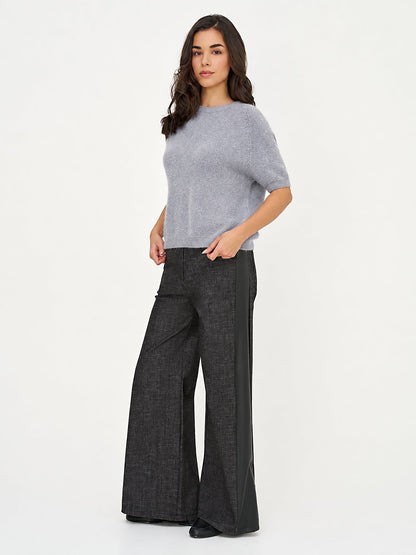 Women's Soft Brushed-Knit Crew-Neck Sweater with Elbow-Length Sleeves