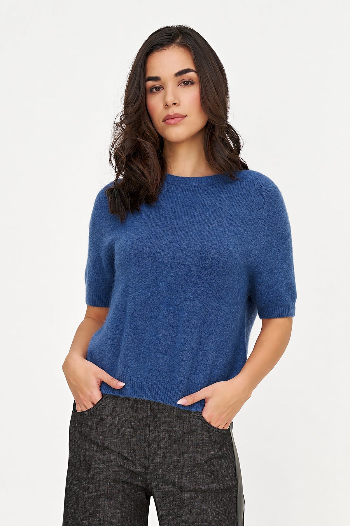 Women's Soft Brushed-Knit Crew-Neck Sweater with Elbow-Length Sleeves