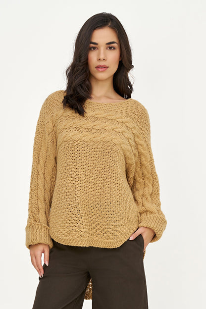 Women's Cable-Knit Scoop-Neck Sweater, Cuffed Sleeves & High-Low Hem