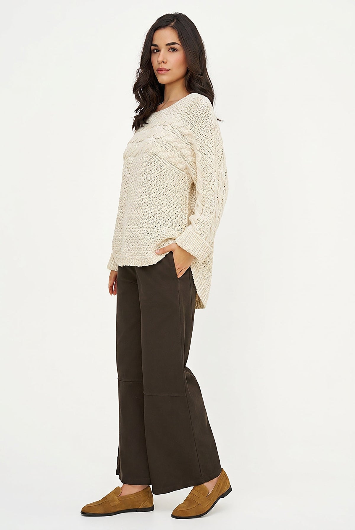 Women's Cable-Knit Scoop-Neck Sweater, Cuffed Sleeves & High-Low Hem