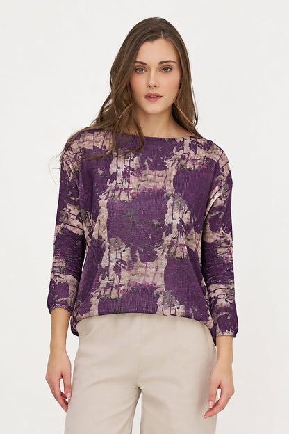 Women's Knit Printed Boat-Neck Sweater with Long Sleeves