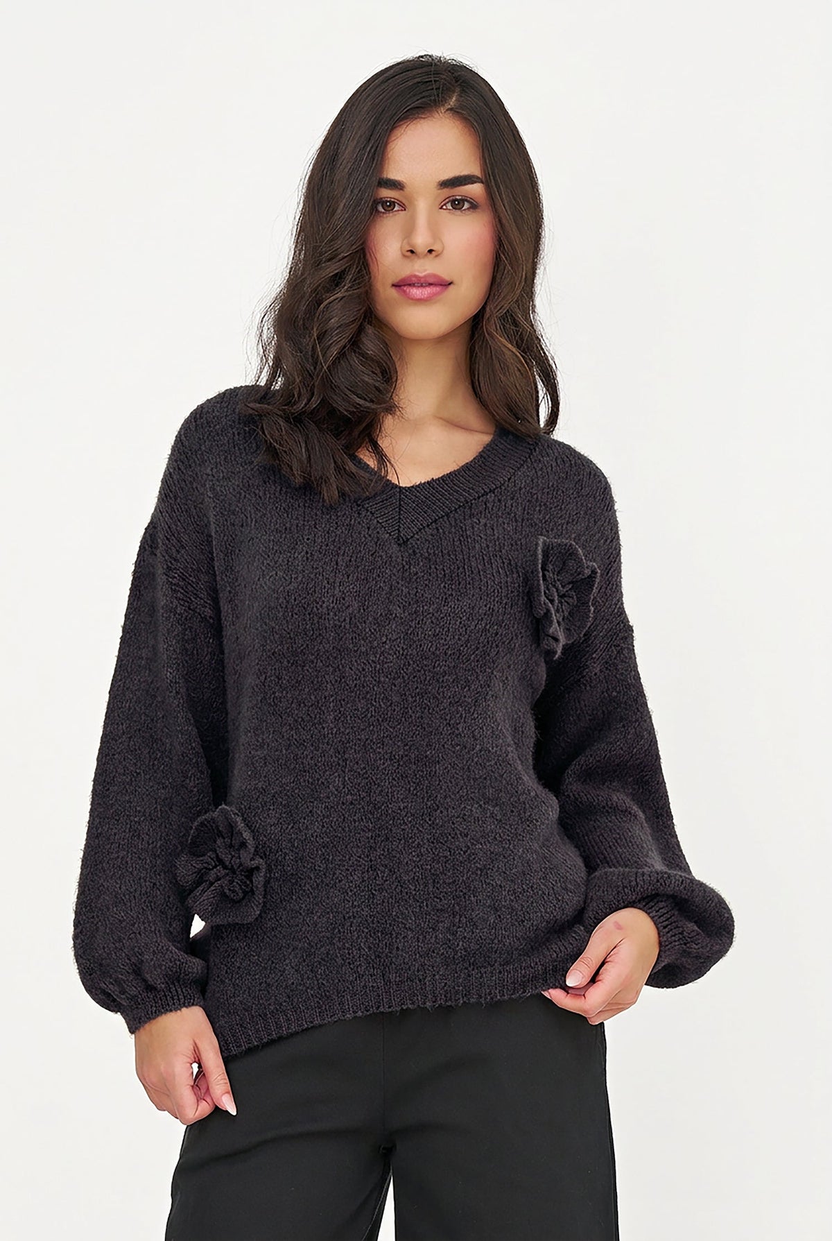 Women's Knit V-Neck Sweater, Long Sleeves & Flower Details