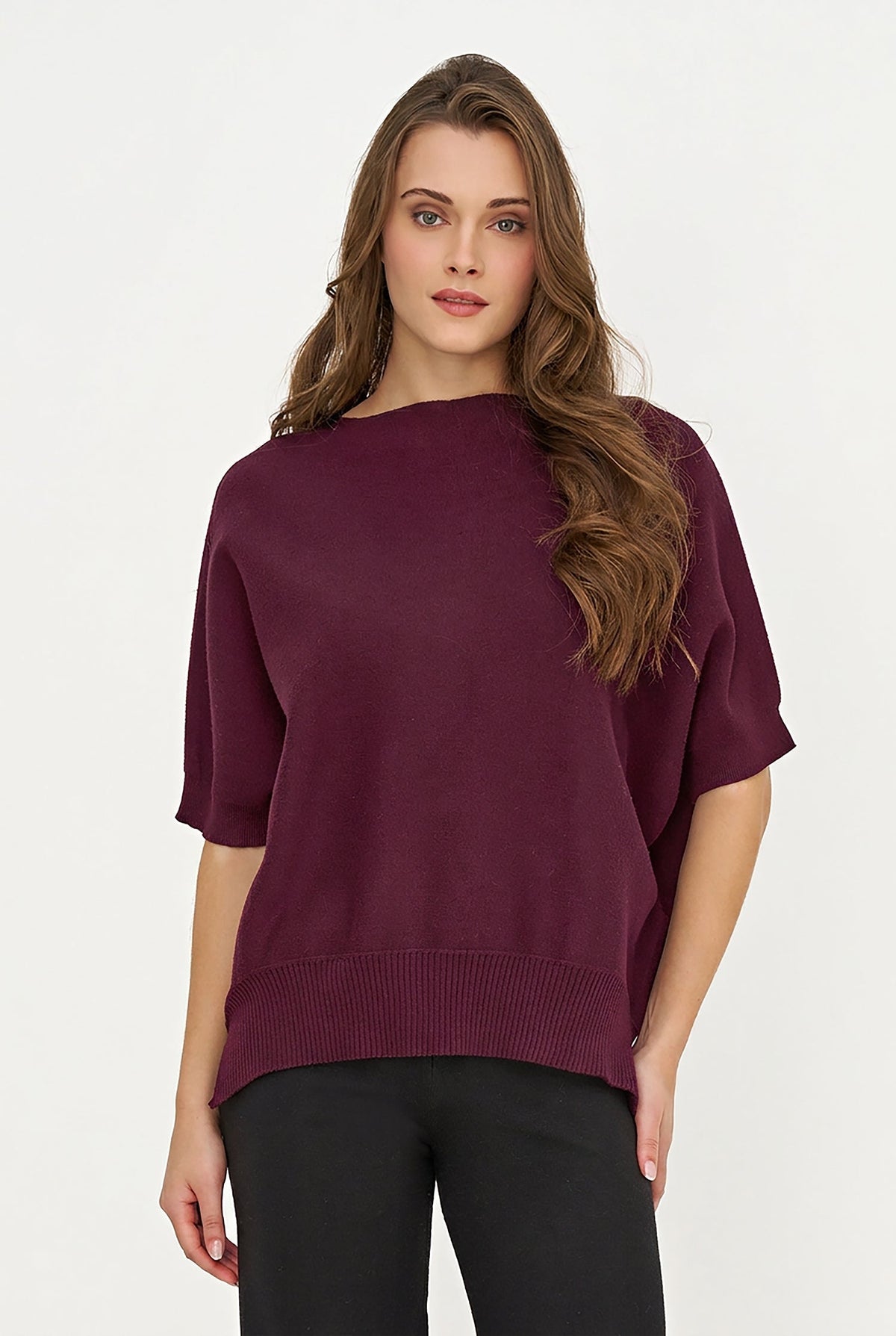 Women's Oversized Crew-Neck Sweater with Elbow-Length Batwing Sleeves
