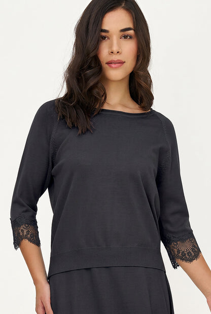 Women's Fine Knit Crew-Neck Sweater, 3/4 Raglan Sleeves & Lace Cuffs