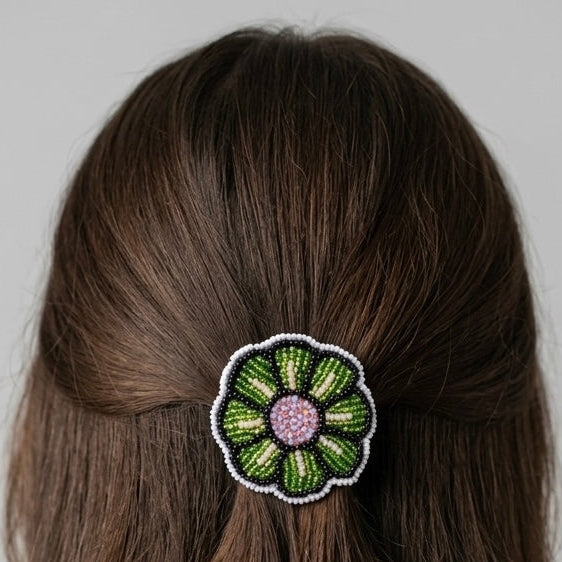 White Beaded Flower Barrette